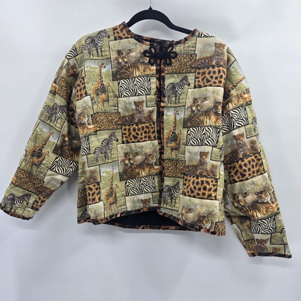 Vintage Fruit of the Loom Animal Print Safari Open Sweatshirt Cropped Jacket L
